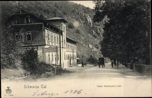 Ak Bad Blankenburg in Thüringen, Schwarza Tal, Hotel Waidmanns Heil, Außenansicht, Pferdekutsche