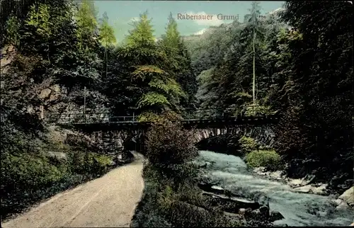 Ak Rabenau im Erzgebirge, Rabenauer Grund, Brücke, Fluss