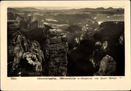 Ak Elbsandsteingebirge, Höllenhundsspitze mit Amselgrund und Kurort Rathen, Walter Hahn 41