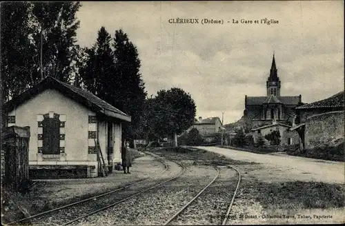 Ak Clérieux Drôme, La Gare, L'Eglise