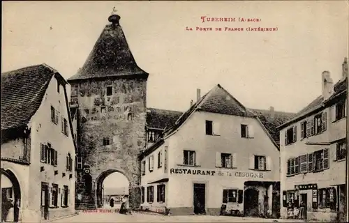 Ak Turckheim Türkheim Elsass Haut Rhin, La Porte de France, Restaurant de la Cigogne