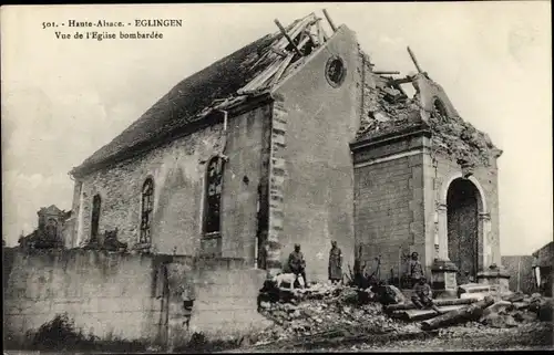 Ak Eglingen Elsass Haut Rhin, Vue de l'Eglise bombardee