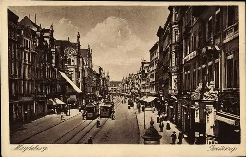 Ak Magdeburg, Breiteweg, Geschäfte, Straßenbahnen