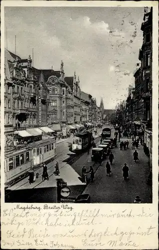 Ak Magdeburg an der Elbe, Breiter Weg, Straßenbahnen, Geschäfte