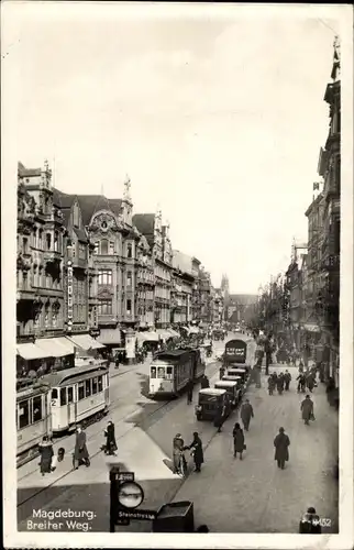 Ak Magdeburg an der Elbe, Breiter Weg, Straßenbahnen, Geschäfte