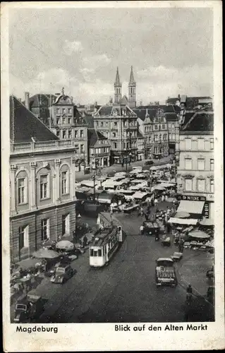 Ak Magdeburg, Alter Markt, Straßenbahn, Geschäft Nitzke, Marktstände