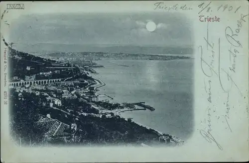 Mondschein Ak Triest Friuli Venezia Giulia, Küstenpanorama mit Blick auf die Stadt
