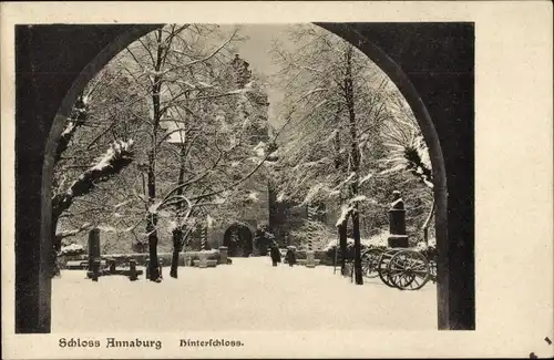 Ak Annaburg Sachsen Anhalt, Hinterschloss, Winteransicht