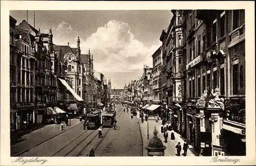 Ak Magdeburg, Breiter Weg, Geschäfte, Straßenbahnen