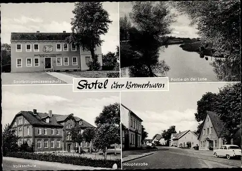 Ak Stotel Loxstedt in Niedersachsen, Saalbaugenossenschaft, Lune, Volksschule, Hauptstraße