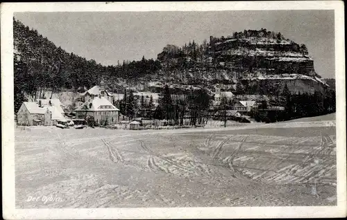 Ak Oybin Oberlausitz, Teilansicht im Winter, Berg