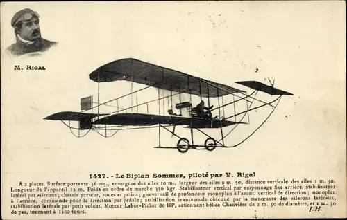 Ak Le Biplan Sommer, piloté par V. Rigal, Pilot, Flugpionier
