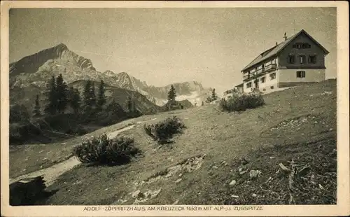 Ak Garmisch Partenkirchen, Adolf Zöppritzhaus am Kreuzeck mit Alp und Zugpspitze, Bes. B. Brenner