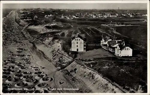 Ak Wenningstedt Braderup Sylt, Nordseebad, Hotel zum Kronprinzen, Fliegeraufnahme, Strand