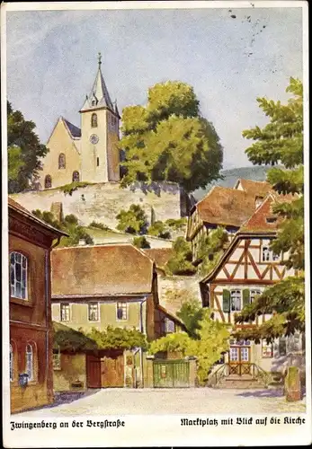 Künstler Ak Wüst, G., Zwingenberg an der Bergstraße in Hessen, Marktplatz mit Blick auf die Kirche