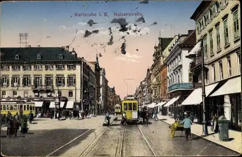 Ak Karlsruhe in Baden Württemberg, Blick in die Kaiserstraße, Geschäfte, Straßenbahn