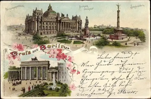 Litho Berlin Mitte, Reichstag, Siegessäule, Bismarckdenkmal, Brandenburger Tor