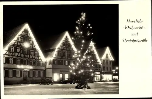 Ak Ebingen Albstadt in Württemberg, Untere Vorstadt im Winter, Nachtbeleuchtung, Hotel Linde