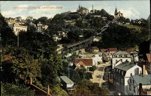 Ak Dresden Loschwitz, Blick auf die Drahtseilbahn und Stadtkern