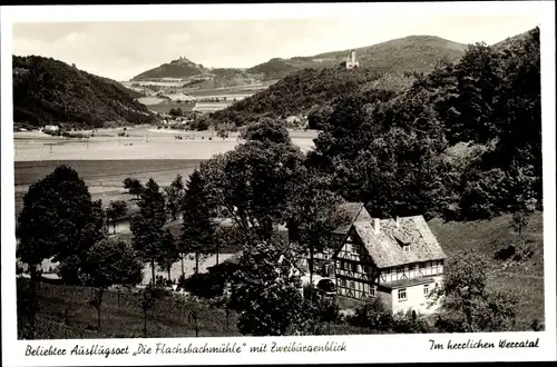 Ak Witzenhausen an der Werra Hessen, Die Flachsbachmühle mit Zweiburgenblick