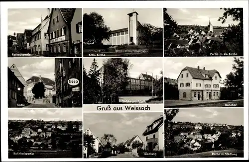 Ak Unterweissach Weissach Württemberg, Kirche, Bahnhof, Siedlung, Strickwarenfabrik, Straßenpartie