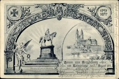 Litho Magdeburg, Kaiser Wilhelm Denkmal, Dom, Kaisertag August 1897