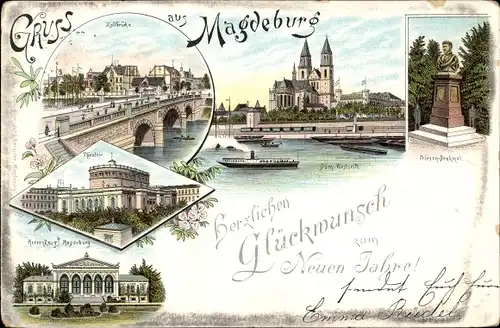 Litho Magdeburg an der Elbe, Dom, Friesendenkmal, Zollbrücke, Theater, Herrenkrug, Neujahr