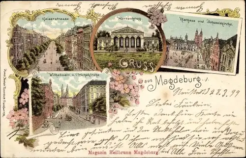 Litho Magdeburg, Kaiserstraße, Herrenkrug, Rathaus, Johanniskirche, Wilhelmstraße, Ulrichskirche