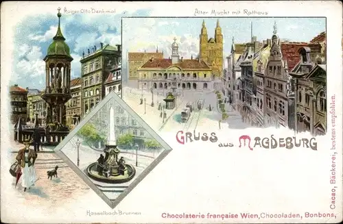 Litho Magdeburg, Kaiser Otto Denkmal, Alter Markt mit Rathaus, Hasselbachbrunnen