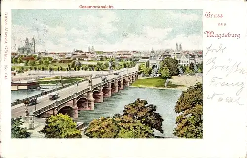 Litho Magdeburg, Gesamtansicht, Stadtpanorama, Elbbrücke