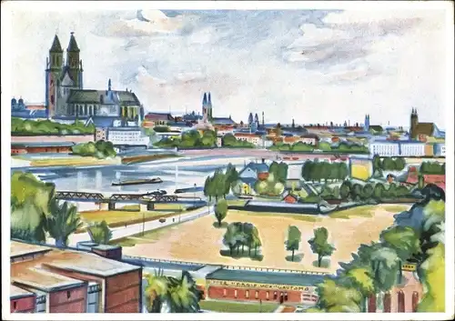 Künstler Ak Querfeld, Herbert, Magdeburg, Blick vom Ausstellungsturm auf die Stadt