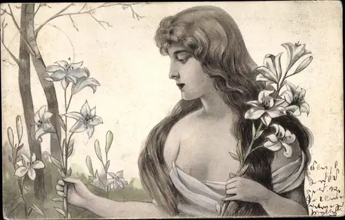 Künstler Ak langhaariges Mädchen beim Blumen pflücken