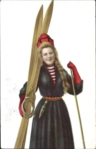 Ak Norwegische Frau mit Skiern, Skifahrerin, Volkstracht