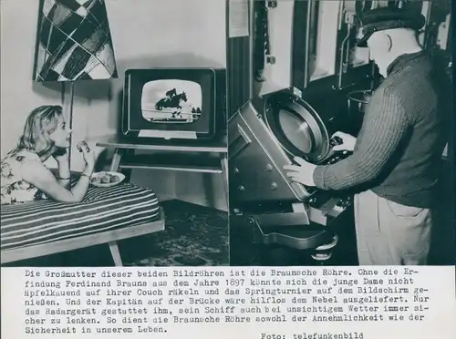 Foto Frau vor einem Telefunken, Kapitän vor Radargerät, Braunsche Röhre, Reklame