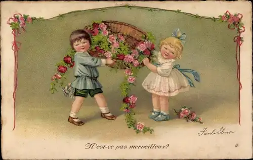 Künstler Ak Ebner, Pauli, Kinder mit Blumenkorb, Rosen