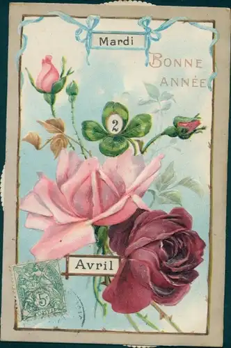 Mechanische Ak Glückwunsch Neujahr, Bonne Année, Kalender, Kleeblatt, Rosen