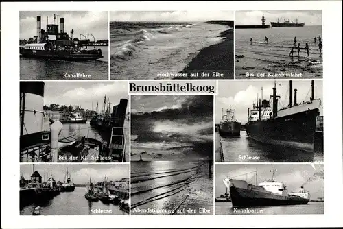 Ak Brunsbüttelkoog Brunsbüttel in Dithmarschen, Kanalfähre, Hochwasser, Schleuse, Frachtschiffe