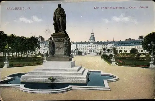 Ak Karlsruhe in Baden, Karl Friedrich Denkmal u. Großherzogl. Schloss