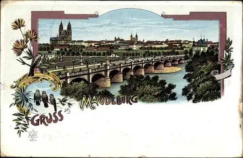 Litho Magdeburg, Stadtpanorama, Elbbrücke