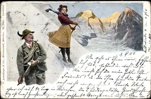 Künstler Ak Platz, E., Liebespaar, Bergsteiger, Berge, Winterszene