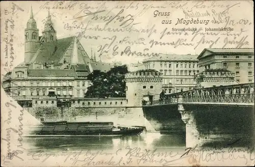 Ak Magdeburg an der Elbe, Partie an der Strombrücke, Johanniskirche