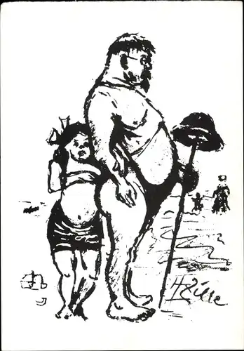 Künstler Ak Übergewichtiger Mann, Mädchen, Hut, Gehstock, Autogramm