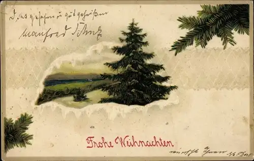 Präge Litho Glückwunsch Weihnachten, Tannenbaum, Landschaft