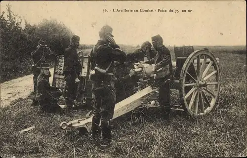 Ak L'Artillerie au Combat, piece de 75 au tir, französische Soldaten