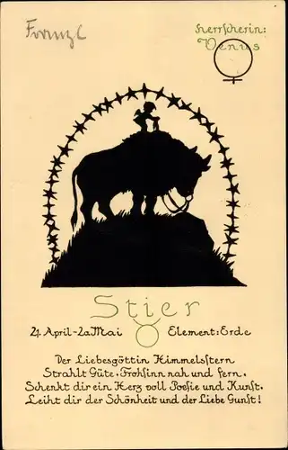 Scherenschnitt Ak Sternzeichen Stier, Taurus, 21. April bis 20. Mai