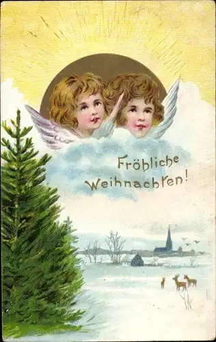 Ak Glückwunsch Weihnachten, Zwei Engel in den Wolken, Landschaft, Rehe, Tannenbaum