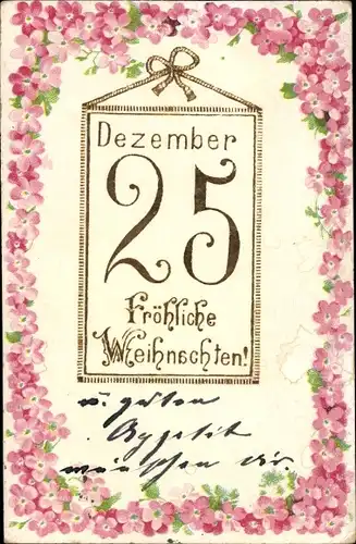 Litho Glückwunsch Weihnachten, Kalender, 25 Dezember, rosa Blüten