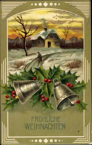 Präge Litho Glückwunsch Weihnachten, Winterlandschaft, Glocken, Stechpalmenzweige, Haus
