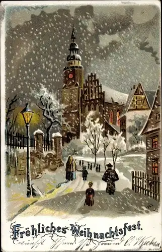 Künstler Litho Glückwunsch Weihnachten, Ortschaft im Winter, Schneefall, Kirche