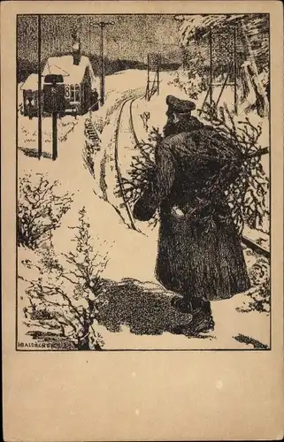 Künstler Ak Baluschek, Hans, Glückwunsch Weihnachten, Soldat mit Tannenbaum, Winterlandschaft
